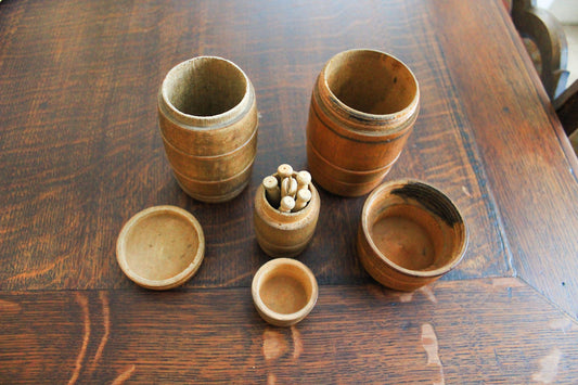 Antique Treen Barrel Sewing & Clothes Peg Set
