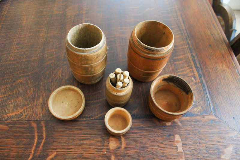 Antique Treen Barrel Sewing & Clothes Peg Set
