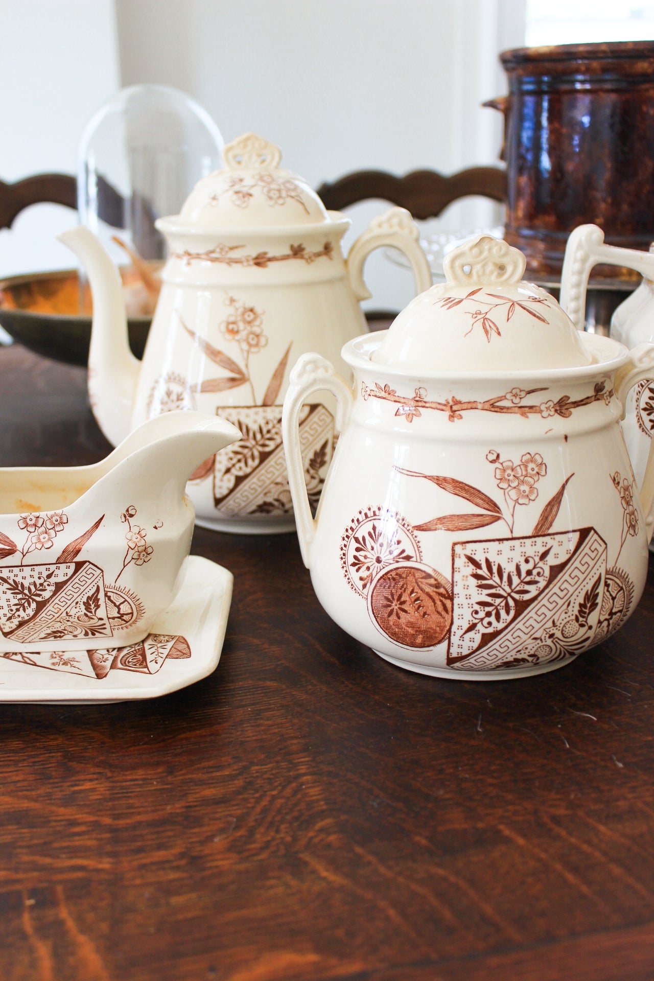 Antique Brown Transferware Tea Service