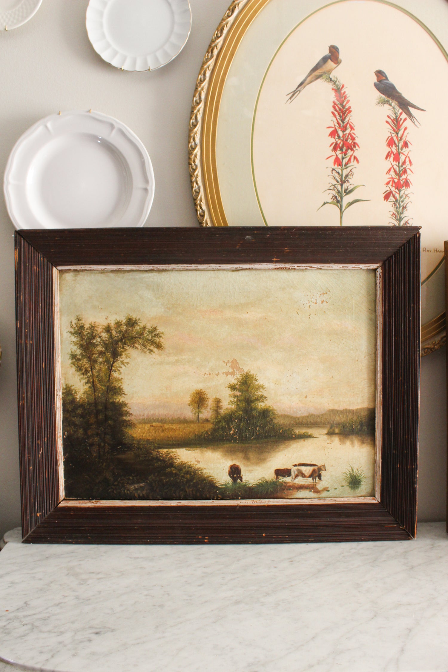 Antique Pastoral Landscape Painting in Dark Wood Frame