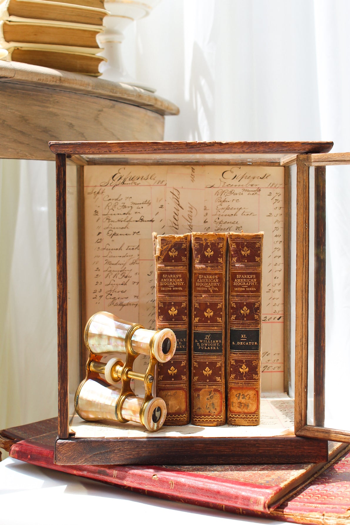 Vintage Glass Display Case with Antique Ledger Paper Lining