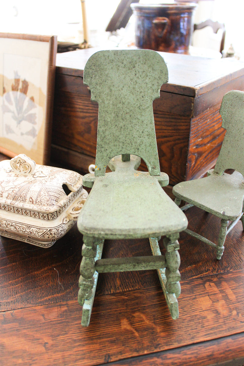 Pair of Antique Miniature Green Painted Chairs