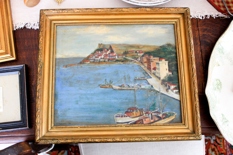 Vintage Mediterranean Harbor Oil Painting, 1968