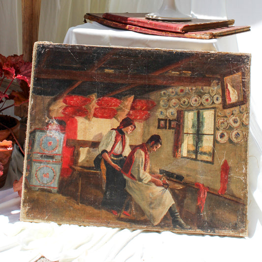 Antique Eastern European Genre Oil Painting, Dated 1887