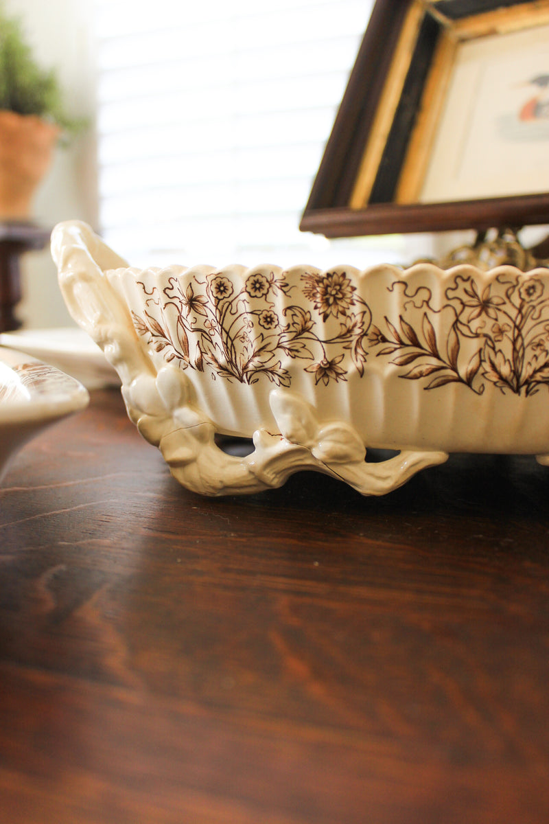 Antique Brown Transferware Handled Serving Bowl