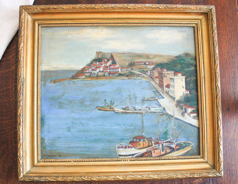 Vintage Mediterranean Harbor Oil Painting, 1968