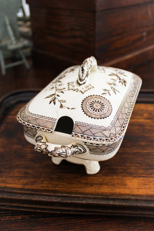 Antique Brown Transferware Covered Mini Tureen