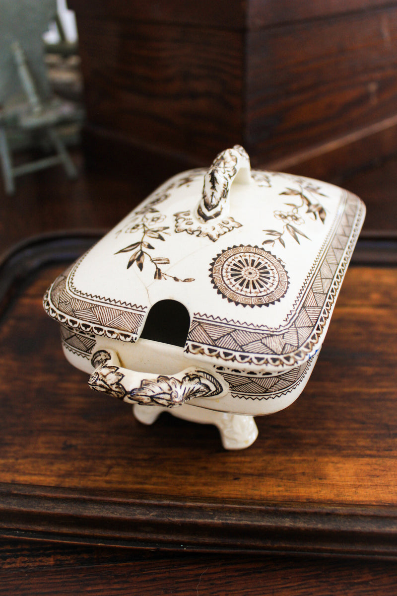 Antique Brown Transferware Covered Mini Tureen