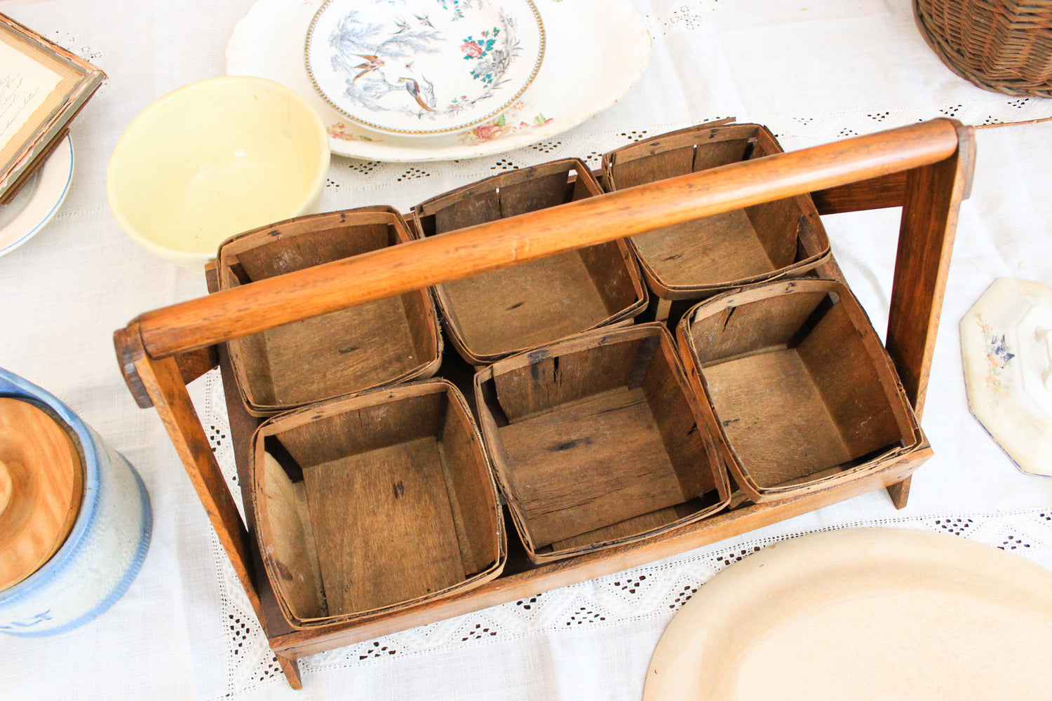 Antique Wooden Berry Basket Gathering Tote