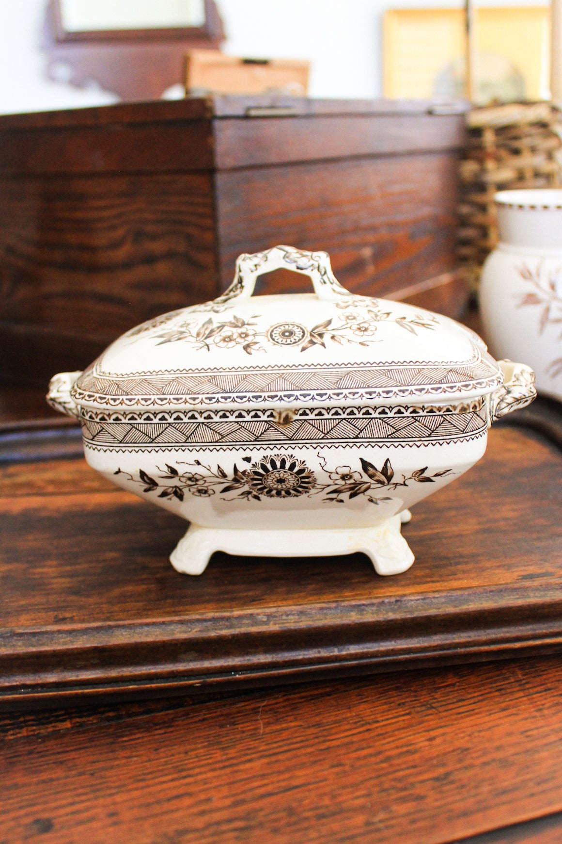 Antique Brown Transferware Covered Mini Tureen