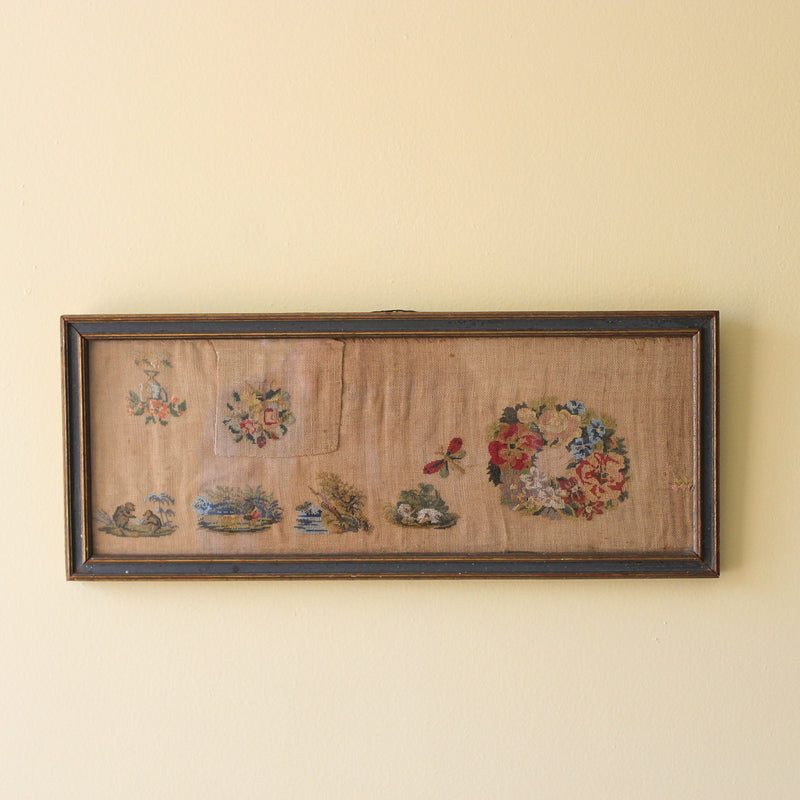 Antique Framed Needlework Panel with Floral & Landscape Motifs