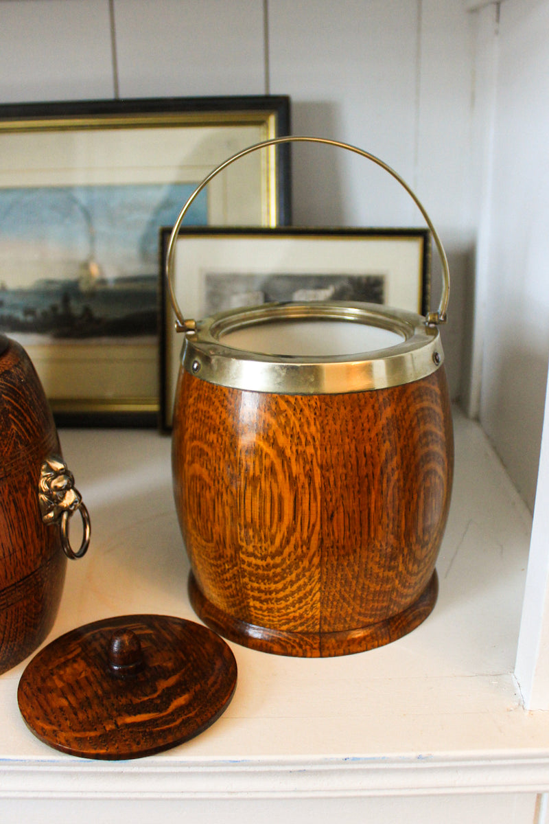 Antique English Oak Biscuit Barrel with Porcelain Liner