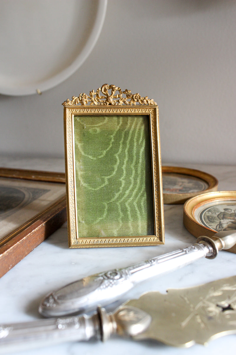 Antique Brass Standing Frame with Green Silk Backing