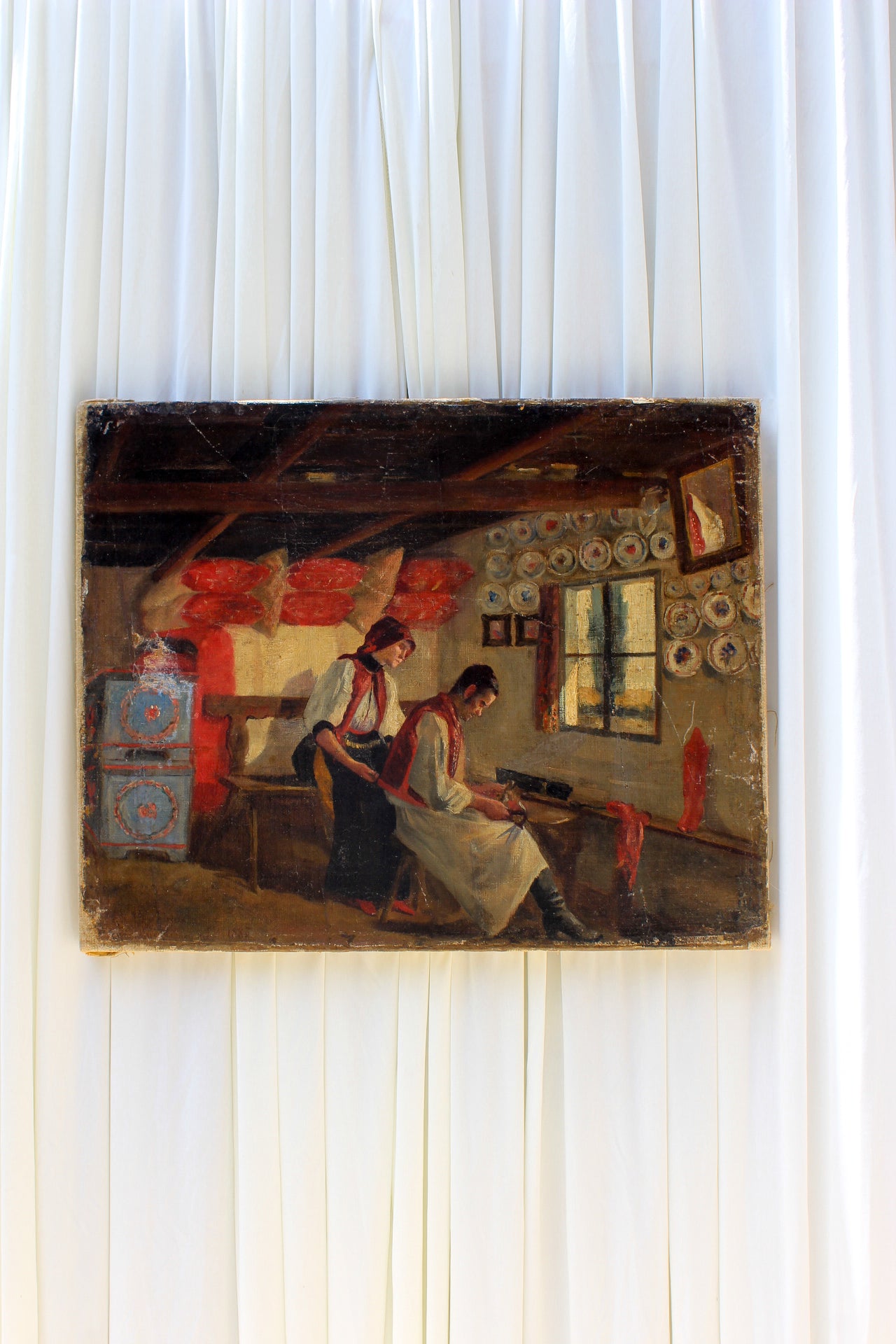 Antique Eastern European Genre Oil Painting, Dated 1887