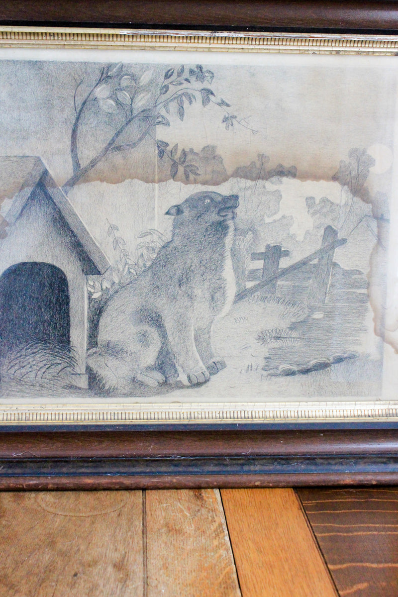 Antique Framed Folk Art Dog Drawing