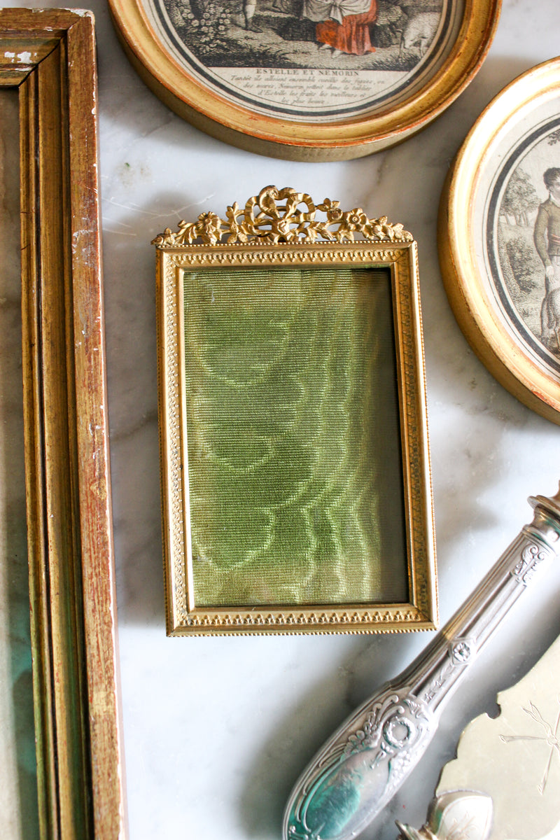 Antique Brass Standing Frame with Green Silk Backing