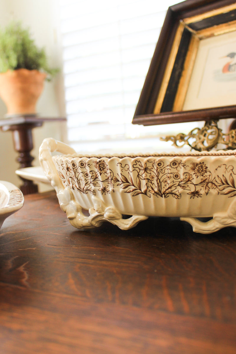 Antique Brown Transferware Handled Serving Bowl