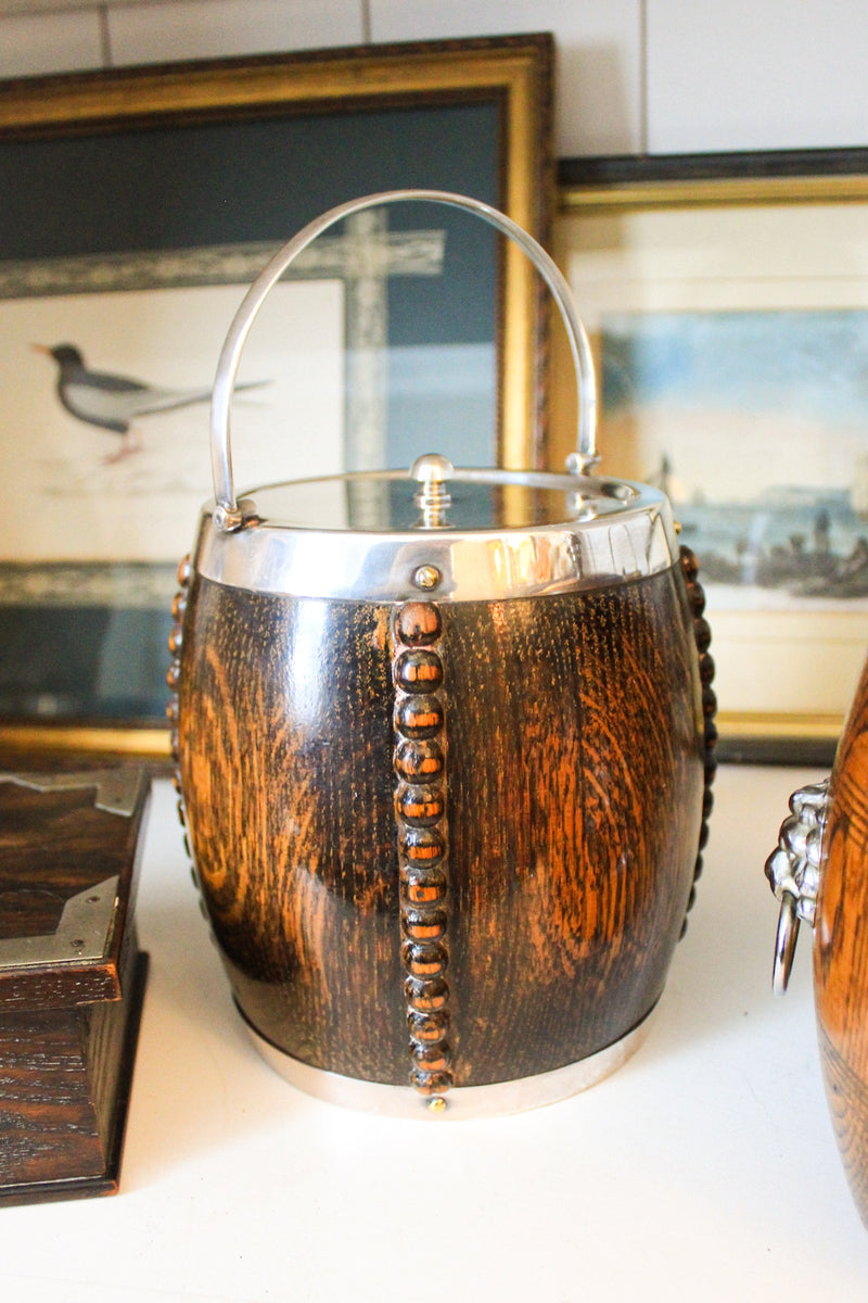 Antique English Oak Biscuit Barrel with Porcelain Liner