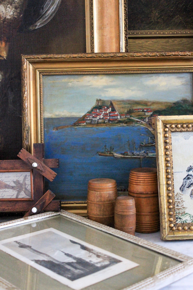 Vintage Mediterranean Harbor Oil Painting, 1968
