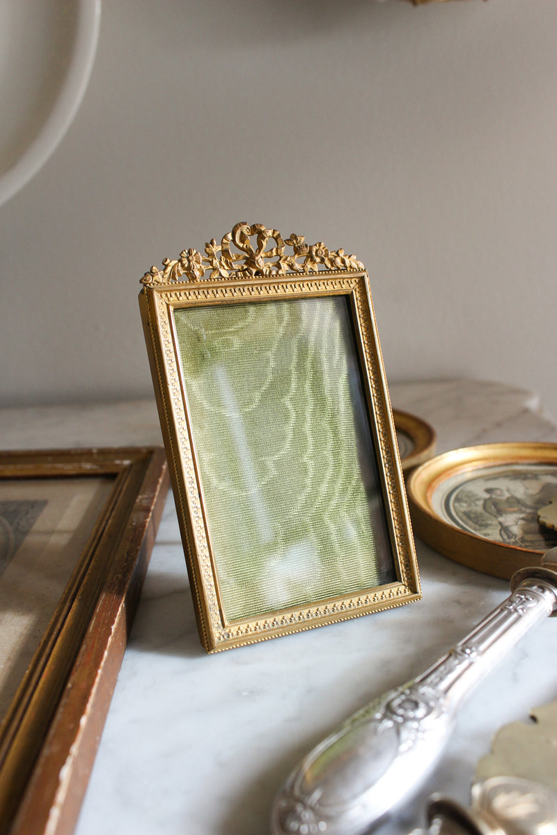 Antique Brass Standing Frame with Green Silk Backing