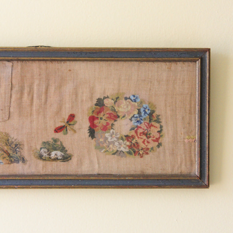 Antique Framed Needlework Panel with Floral & Landscape Motifs