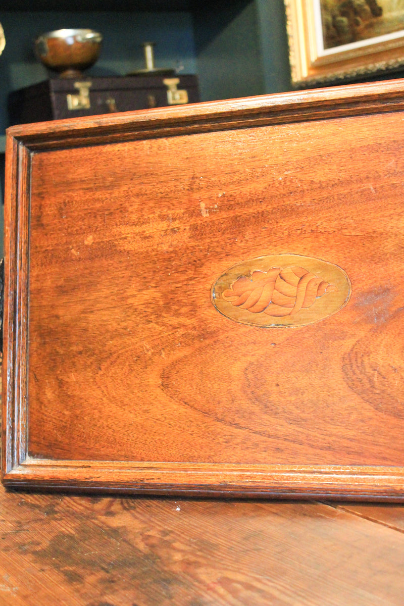 Antique Oversized Mahogany Serving Tray with Shell Inlay