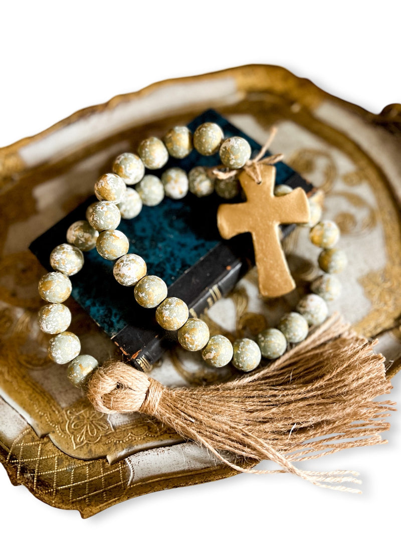 Blessing Bead Garland With Cross And Tassel : Moss