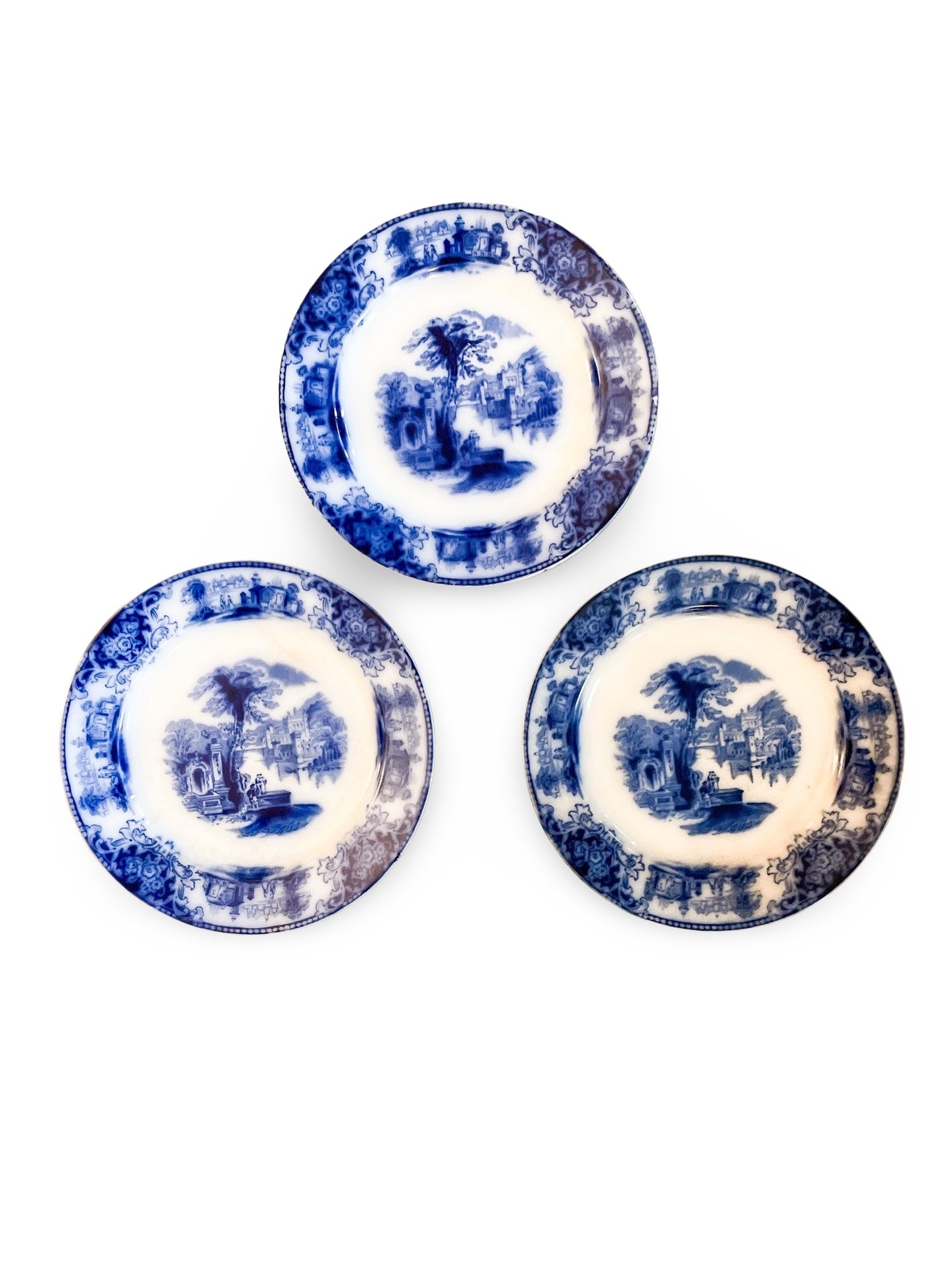 Set of 3 Antique Flow Blue Plates