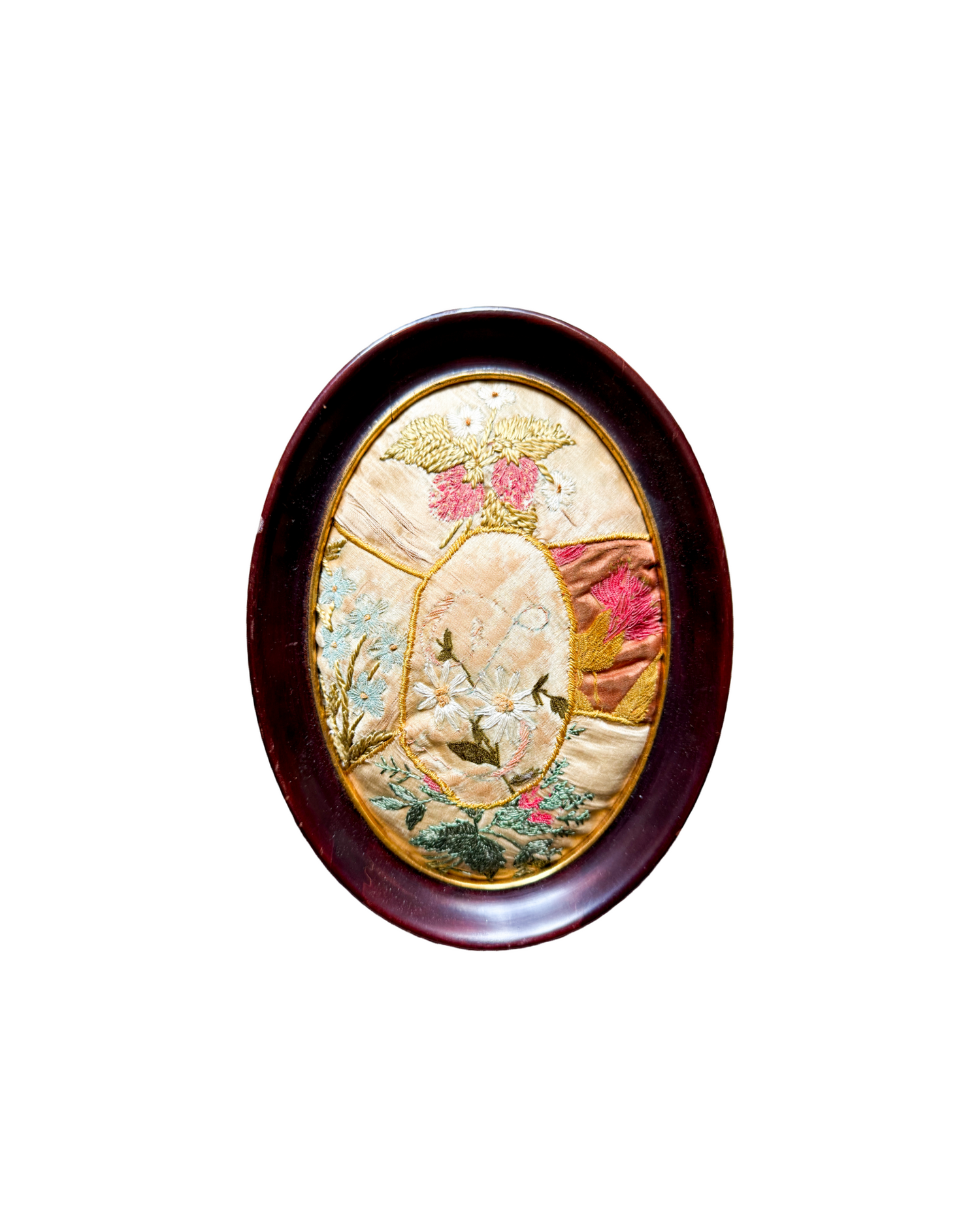 Antique Hand-Embroidered Silkwork in Oval Frame - Z