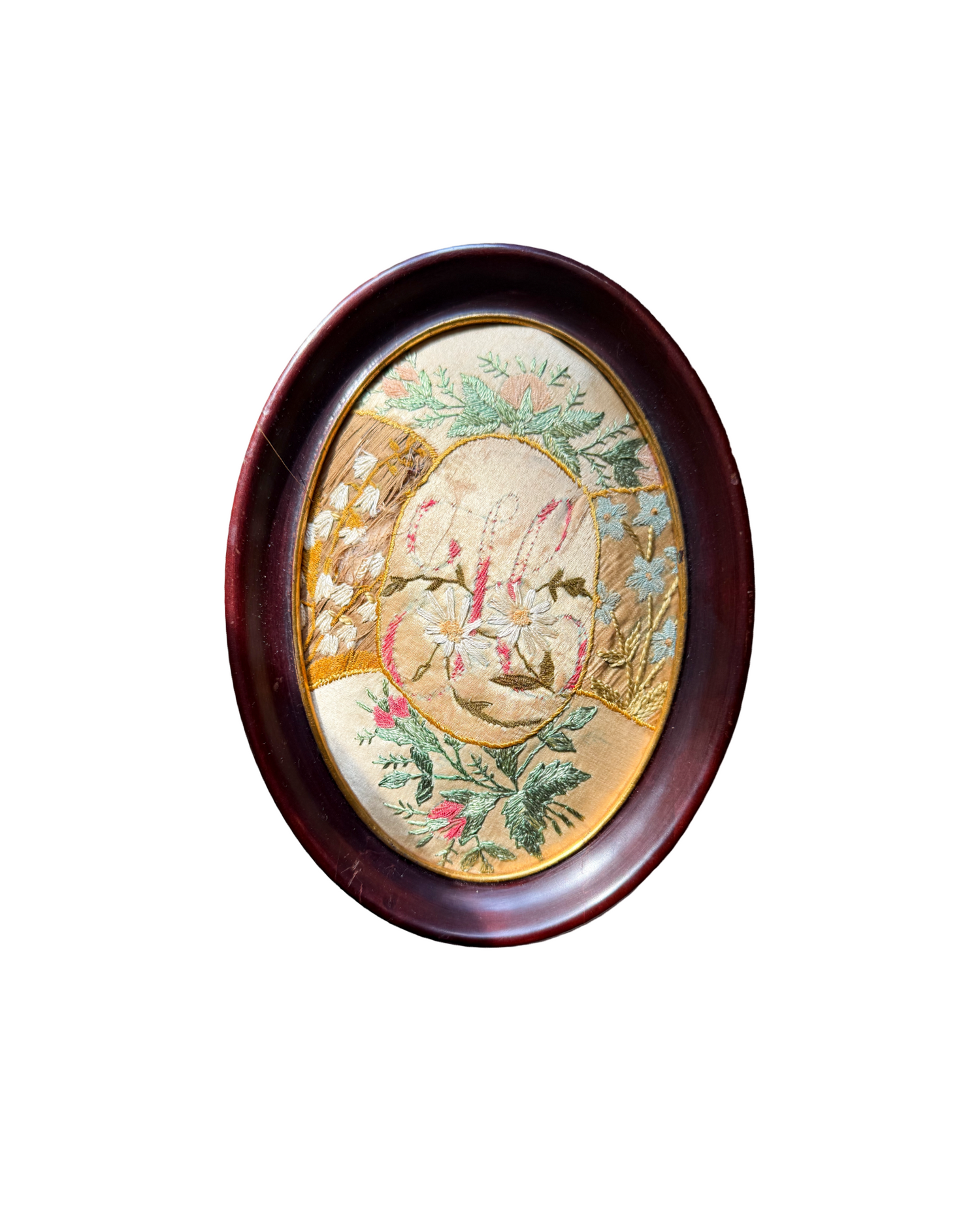 Antique Hand-Embroidered Silkwork in Oval Frame - H