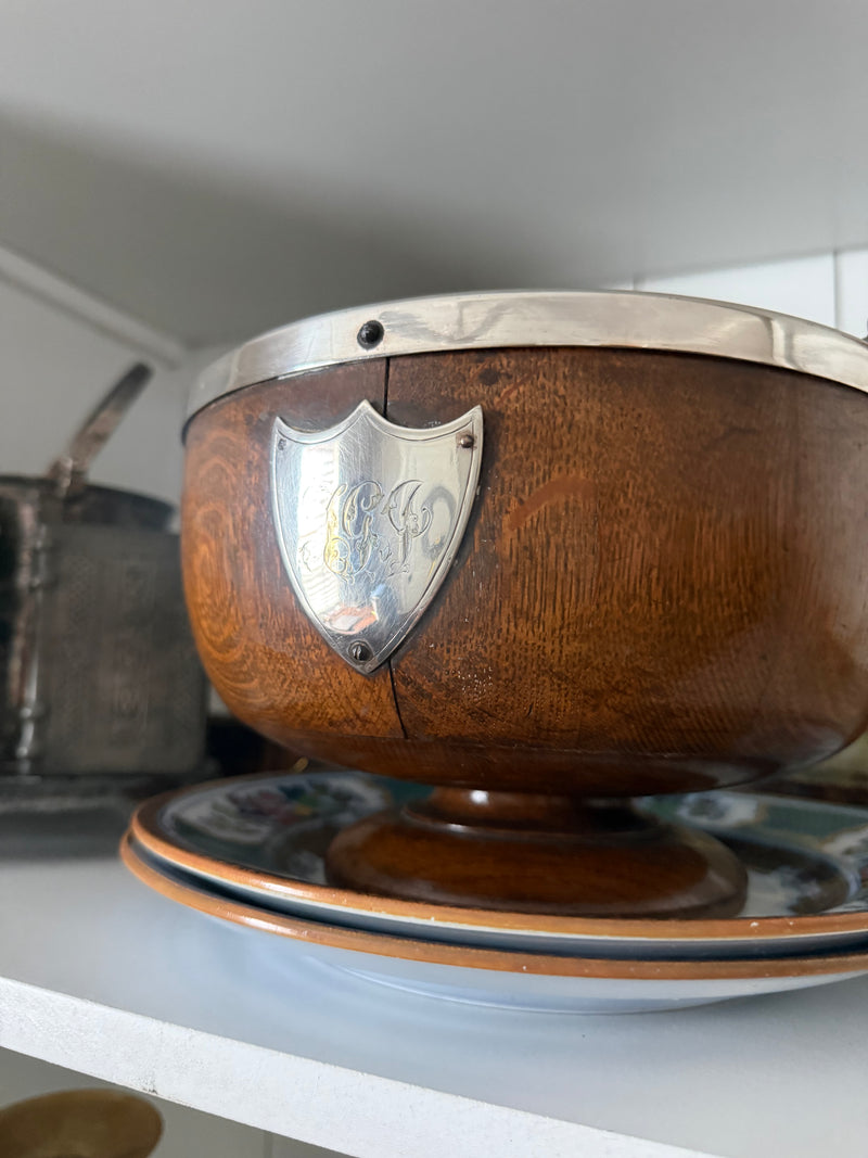 antique English Oak trophy bowl with salad servers