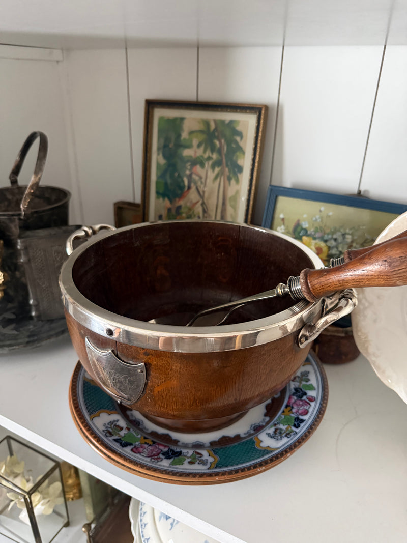 antique English Oak trophy bowl with salad servers