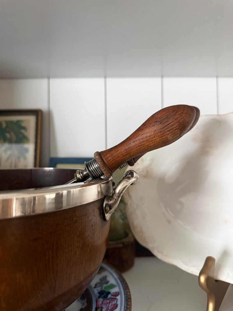 antique English Oak trophy bowl with salad servers