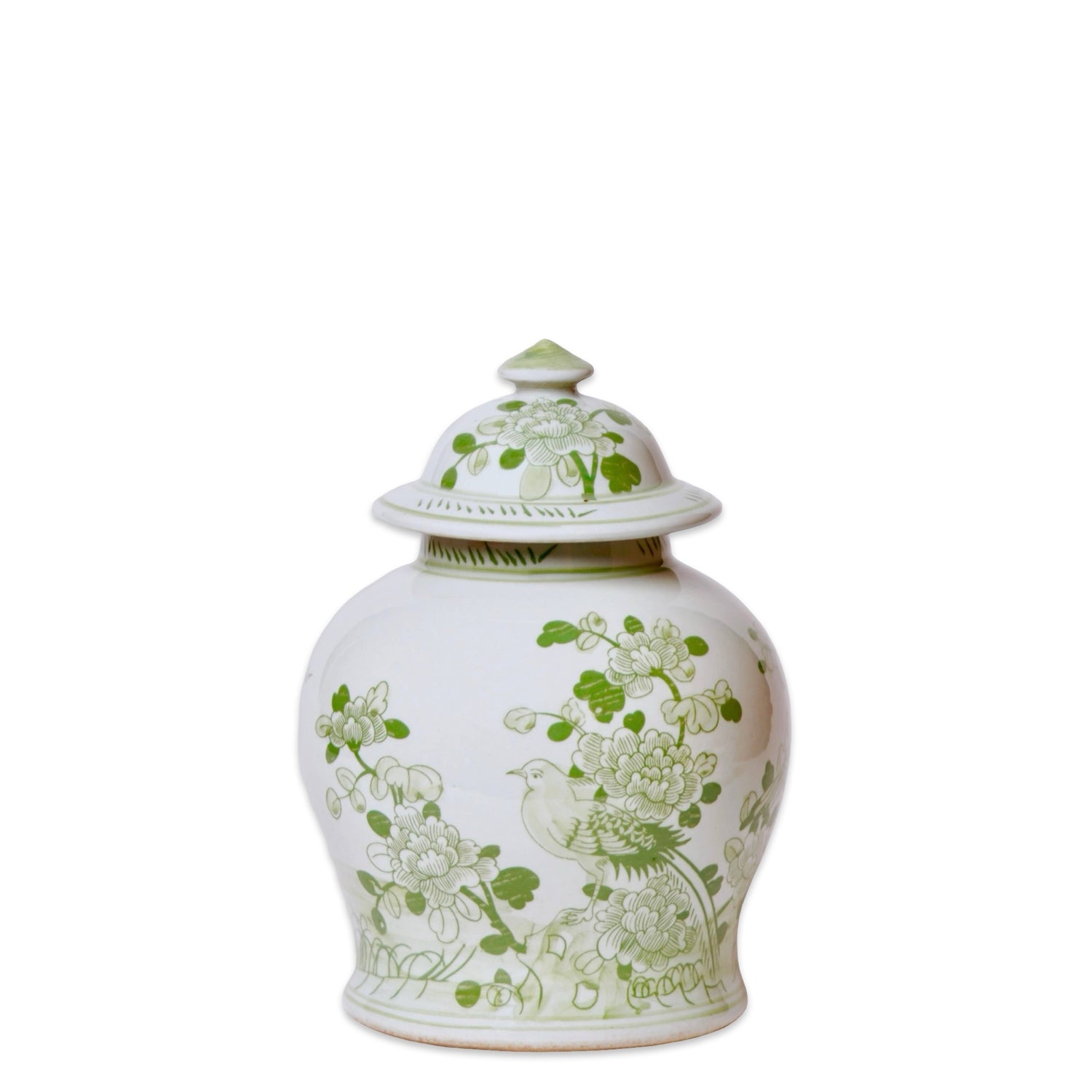 Green and White Porcelain Bird and Flower Temple Jar
