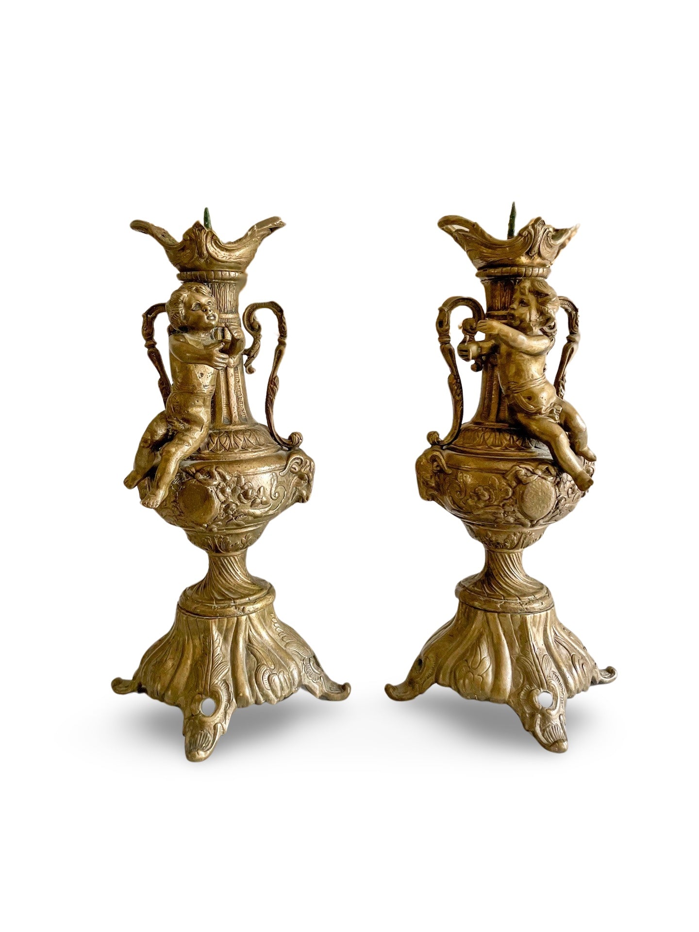Antique Putti Bronze Candle Pillar Holders